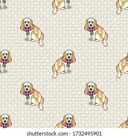 Hand drawn cute cocker spaniel puppy with pink bow breed seamless vector pattern. Purebred pedigree domestic dog on paw background. Dog lover English hunting pet all over print. EPS 10.