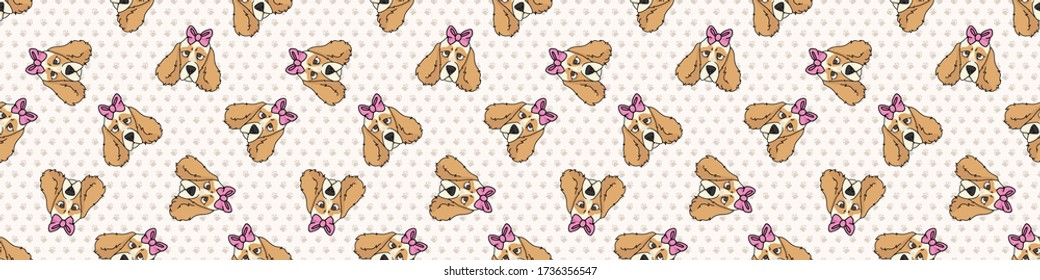 Hand drawn cute cocker spaniel dog face with pink bow breed seamless vector border. Purebred pedigree domestic dog on paw background. Dog lover English hunting pet all over print. Kennel pooch. EPS