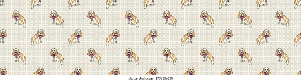 Hand drawn cute cocker spaniel puppy with pink bow breed seamless vector border. Purebred pedigree domestic dog on paw background. Dog lover English hunting pet all over print. EPS 10.