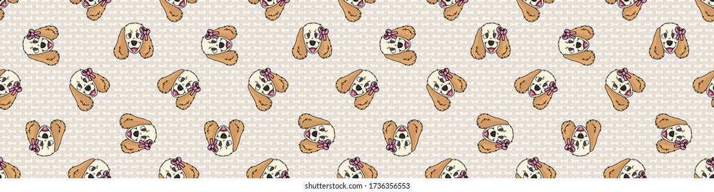 Hand drawn cute cocker spaniel puppy face with pink bow breed seamless vector border. Purebred pedigree domestic dog on paw background. Dog lover English hunting pet all over print. EPS 10.