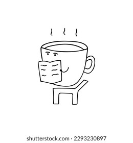 Hand drawn Cute coffee reading newspaper Cartoon Mascot Character Vector illustration color children cartoon funny coffee clipart