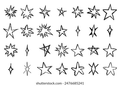 Hand drawn cute collection of stars. Sketch doodle star shapes. Flat retro stars in black over white background