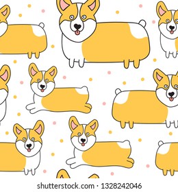 Hand drawn cute color vector illustration seamless pattern. Corgi characters cartoon texture. Best for nursery, childish textile, apparel, poster, postcard design.
