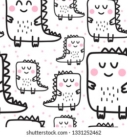 Hand drawn cute color vector illustration seamless pattern. Dino characters cartoon texture. Best for nursery, childish textile, apparel, poster, postcard design.