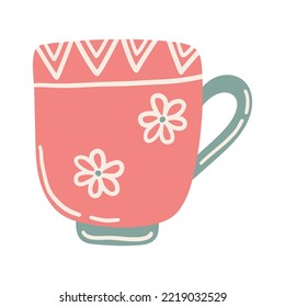 La mano dibujó una taza de color lindo aislada en un fondo blanco. Doodle, ilustración en un sencillo estilo plano. Se puede utilizar para la decoración de textiles, papel y otras superficies.
