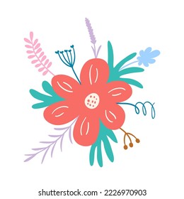 Hand drawn cute colored floral arrangement isolated on a white background. Doodle, illustration in a simple flat style. It can be used for decoration of textile, paper and other surfaces.