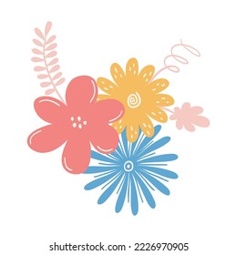 Hand drawn cute colored floral arrangement isolated on a white background. Doodle, illustration in a simple flat style. It can be used for decoration of textile, paper and other surfaces.