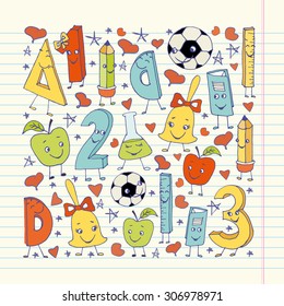 Hand drawn cute colored school characters on a sheet of exercise book. Sketched school items. Vector illustration set for invitation, print or postcard.