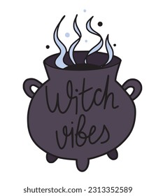 Hand drawn cute colorful cauldron with potion with contour design, isolated vector illustration with white background