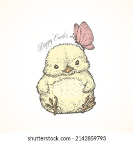 Hand Drawn Cute Colorful Easter Chick Vector Illustration. Little Chicken with Butterfly Abstract Sketch. Happy Spring Holiday Greetings Engraving Style Drawing. Isolated