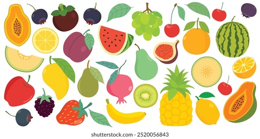 Hand drawn cute colorful fruits with cartoon style isolated on white background. fig, avocado, grape, cherry, blackberry, pawpaw, papaya, strawberry, banana, melon, blueberry, watermelon, mango fruit.