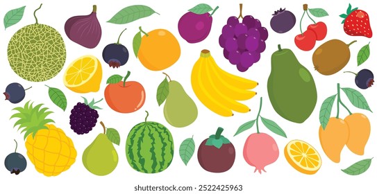 Hand drawn cute colorful fruits with cartoon style isolated on white background.