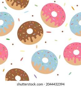 Handgezeichnet süße bunter Glaze Donuts und Sprinkles nahtloses Muster auf transparentem Hintergrund. Vektorgrafik für Textilien, Gewebe.