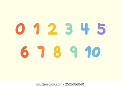 Dibujado a mano lindo número colorido 0-10 pegatinas. Educación, aprendizaje, celebración, preescolar, conceptos matemáticos. Diseño de Vector decorativo plano ilustración aislada.