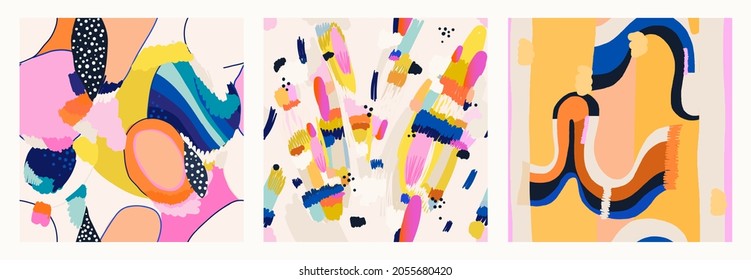 Hand drawn cute colorful trendy pattern set. Dynamic abstract doodle shapes. Fashionable template for design. Modern cartoon style.
