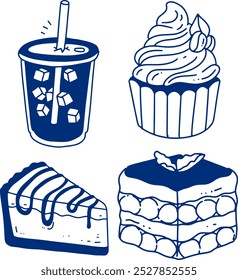 hand drawn cute coloring element dessert and drink.