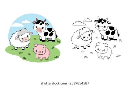 Hand drawn cute coloring page features a delightful trio of farm animals, a friendly cow, a playful pig, and an adorable sheep vector