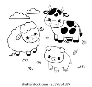 Hand drawn cute coloring page features a delightful trio of farm animals, a friendly cow, a playful pig, and an adorable sheep vector