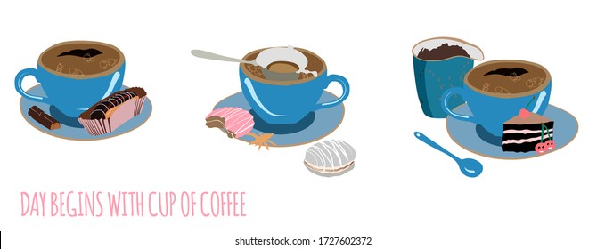 Hand Drawn Cute Colourful Vector Illustration With Coffee Cups And Eclair, Cake And Macaroon. Concept  Design For Cafe, Restaurant, Menu, Desserts, Bakery. Breakfast And Morning Starts With Hot Coffee