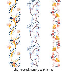 Hand Drawn Cute Contemporary Botanical Vector Seamless Vertical Decorative Isolated Border Set