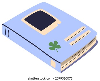 Hand drawn cute contemporary illustration of blue 
diary or notebook with four-leaf clover. Flat vector sticker or icon in simple colored doodle style. Isolated on white background.