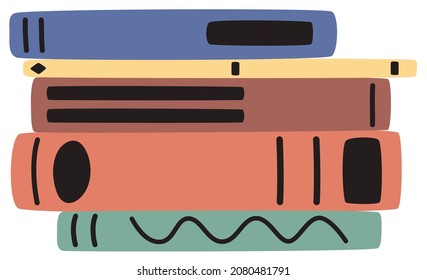 Hand drawn cute contemporary illustration of stack of books. Education or learning concept.
 Flat vector sticker or icon in simple colored doodle style. Isolated on white background.
