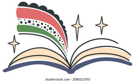 Hand drawn cute contemporary illustration of magic book with rainbow and stars. Fairy tale or fantasy concept. Flat vector sticker or icon in simple colored doodle style. Isolated on white background.