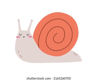 Hand drawn cute contemporary illustration of snail. Flat vector happy slug with shell in simple colored doodle style. Forest, nature, autumn sticker, icon or print. Isolated on white background.