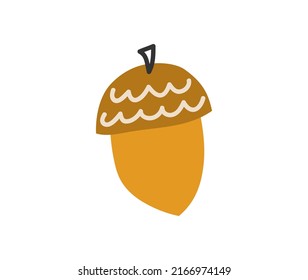Hand drawn cute contemporary illustration of acorn. Flat vector oak fruit in simple colored doodle style. Forest, nature, autumn sticker, icon or print. Isolated on white background.
