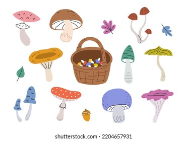 Hand drawn cute contemporary illustration set of various mushroom. Flat vector fungus element in simple colored doodle style. Forest, nature, autumn icon or print. Isolated on white background.