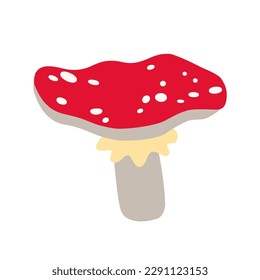 Hand drawn cute contemporary illustration amanita mushroom. Flat vector fly-agaric element in simple colored doodle style. Forest, nature, autumn sticker, icon or print. Isolated on white background.
