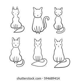 Hand drawn cute contour cat set.