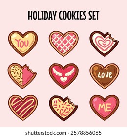 Hand drawn cute cookies set in heart shape and pink color for valentine or holiday decoration and pattern