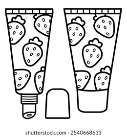 Dibujado a mano Cosméticos lindos para colorear libro Ilustración vectorial. Página para colorear de bálsamo labial audaz y fácil para adultos y niños. Hoja para colorear para alivio del estrés y relajación