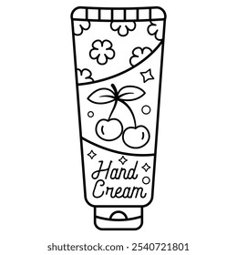 Desenhado à Mão Cosméticos Bonitos Coloração Livro Vetor Ilustração. Página de coloração de creme de mão ousada e fácil para adultos e crianças. Folha de coloração para alívio de estresse e relaxamento
