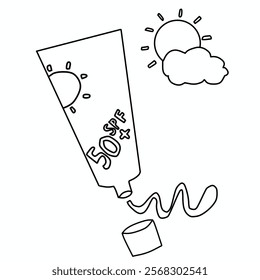 Hand Drawn Cute Cosmetics Coloring Book Vector Illustration. sunscreen spf 50 Coloring Page for Adults and Kids. Coloring Sheet for Stress Relief and Relaxation