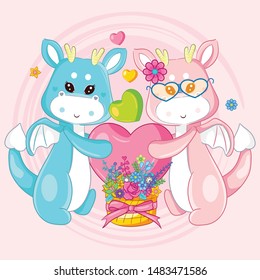 hand drawn cute couple dragon