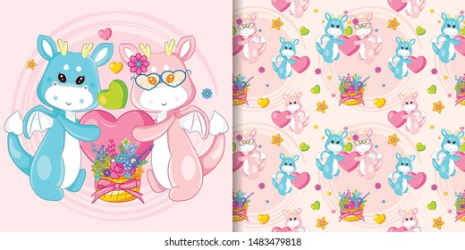 hand drawn cute couple dragon with pattern set