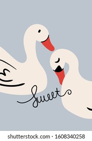 hand drawn cute couple swan Vector illustration. Creative animal texture for fabric, wrapping, textile, wallpaper, apparel. 