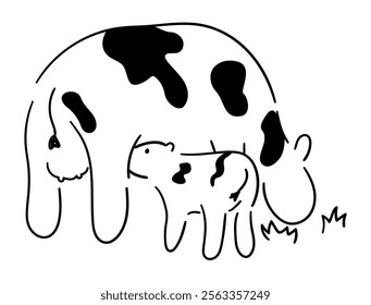 Hand drawn cute cow, cow doodle, black and white cow, vector illustration of cow and calf