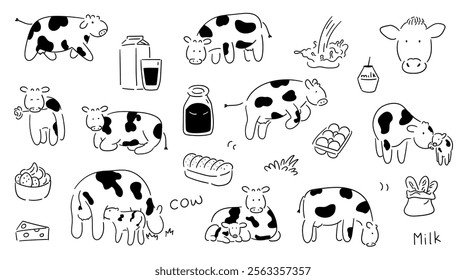 Hand drawn cute cow, cow doodle, black and white cow, 
 dairy products, farming