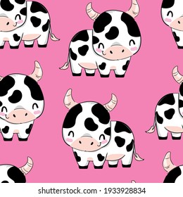 Hand drawn cute cow on pink background seamless pattern vector illustration Cow print