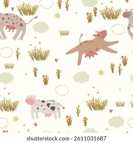 Hand drawn cute cows, flowers, clouds and bees, seamless pattern. Vector illustration with farm animals and flowers.
