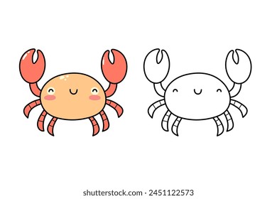 Cangrejo lindo dibujado a mano. Animales marinos. Plantilla de página para colorear. Ilustración vectorial aislada 