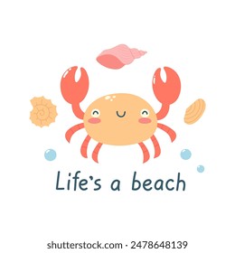 Hand drawn cute crab and text. Marine life animals. Template for print, greeting card and invitation. Isolated vector illustration. 