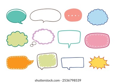 Hand drawn Cute crayon frame speech bubble set. Crayon chalk speech bubble frame. pencil dialog balloon, children color doodle text cloud. flat Vector illustration white background.