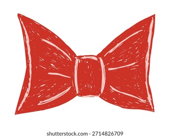 Hand drawn cute crayon red bow. Minimalist bowknot for wedding, birthday, christmas cards, poster, gift, invitation. Vintage minimalist coquette element. Whimsical doodle isolated vector illustration.