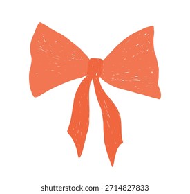 Hand drawn cute crayon red bow. Minimalist bowknot for wedding, birthday, christmas cards, poster, gift, invitation. Vintage minimalist coquette element. Whimsical doodle isolated vector illustration.