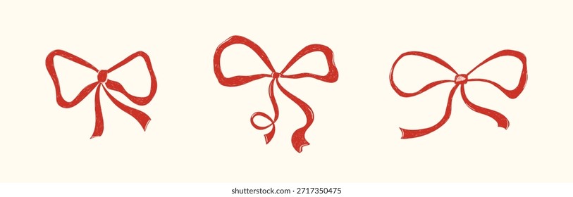 Hand drawn cute crayon red bow set. Minimalist bowknot for wedding, birthday, christmas cards, poster, gift, invitation. Vintage minimalist coquette elements. Whimsical doodle isolated vector illustra