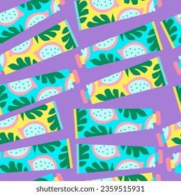 Tubos de crema lindo dibujados a mano con tapa rosada y textura de fruto tropical patrón de repetición vectorial sin fisuras. Bien para textiles, tela, decoración, embalaje, envoltura, ropa, industrias y más.